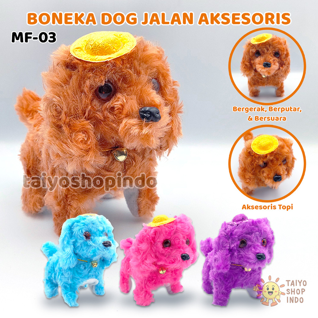 TAIYO Boneka Anjing Jalan Aksesoris Topi Suara Elektrik Bunyi Bergerak Bichon Dog Doll Plush Mainan