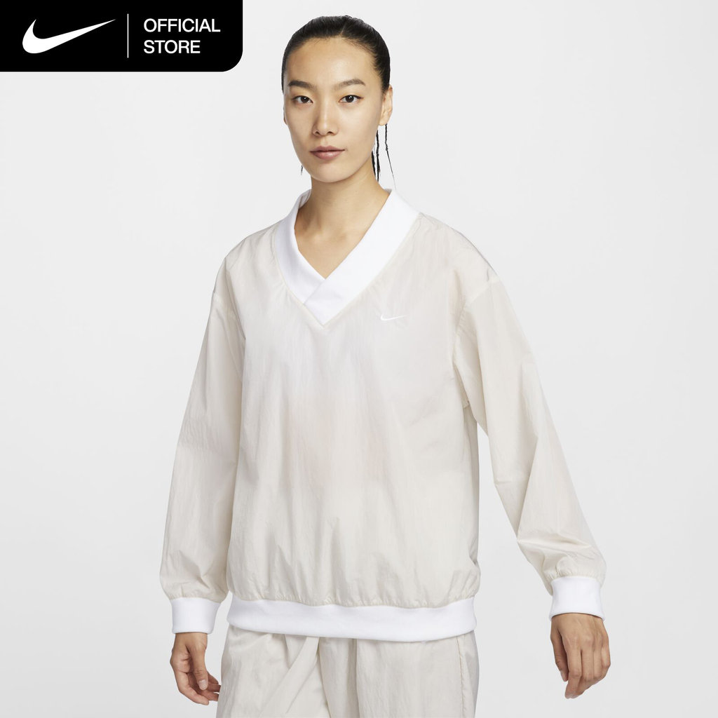 Nike Women's Sportswear Essential Loose UV Woven Long-Sleeve V-Neck Top - Light Orewood Brown [FV765