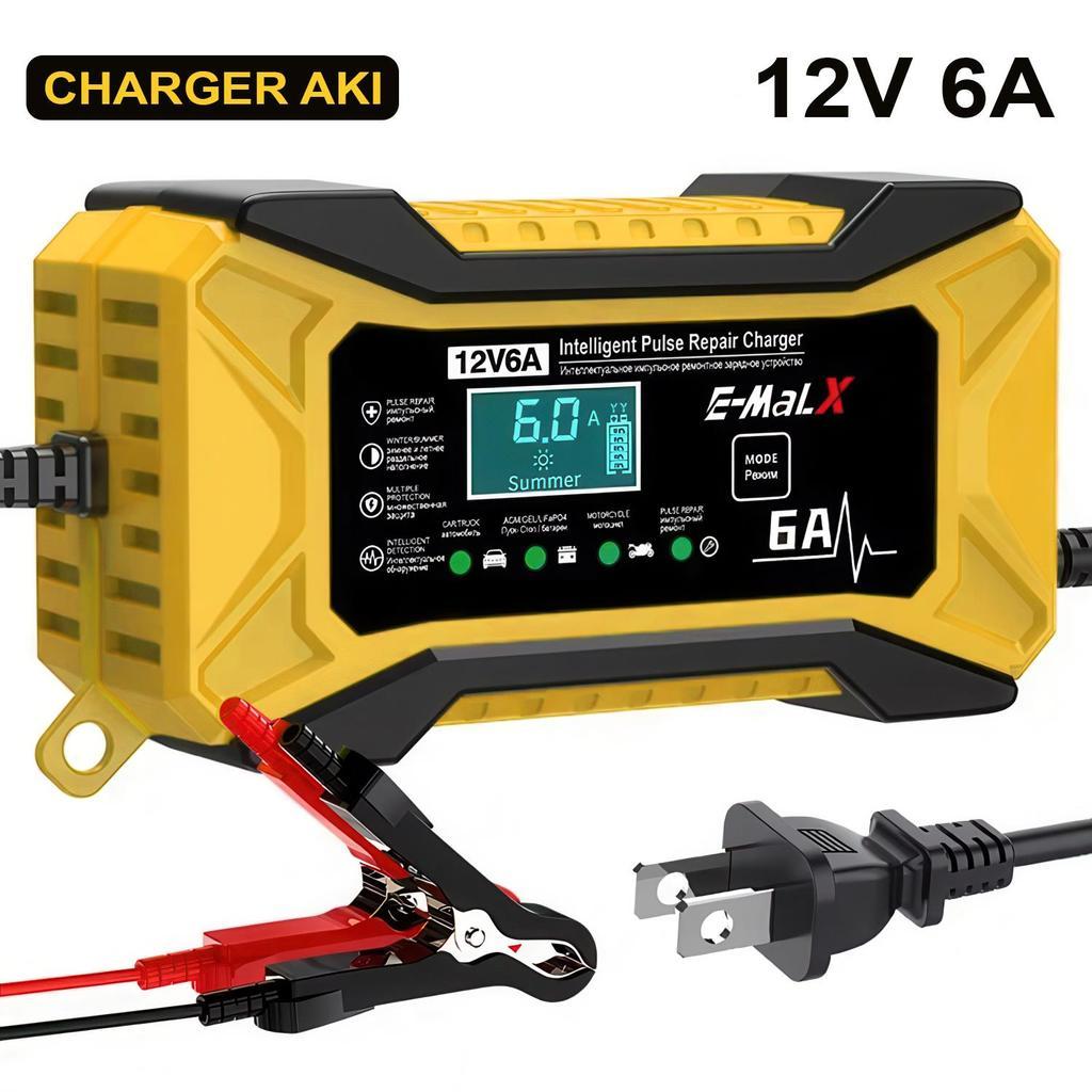 Charger Aki Mobil Motor 12V 6A Charger Aki Portable LCD Indikator Cas Aki 12V2AH-100AH JJ1206-2
