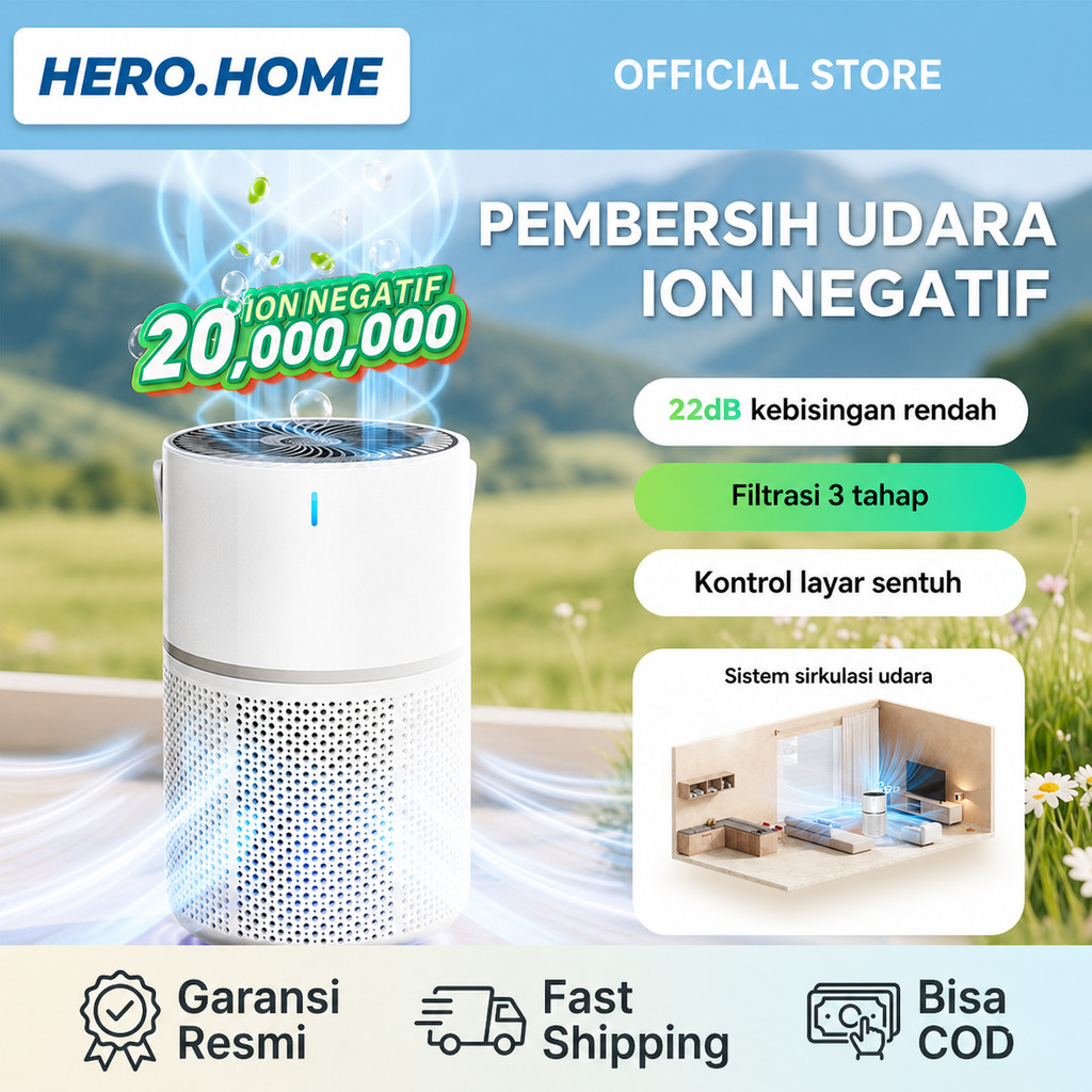 Pembersih Udara Ion Negatif 20Juta Mini Portabel HEPA Filter 3in1 22dB Senyap 200m³/h Area 48m² Anti
