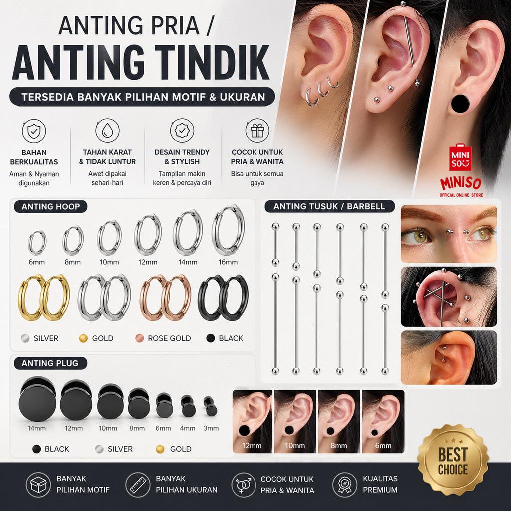 MINISO BALI | Sepasang Anting Barbel Anting Roda Pria Wanita Bahan Stainless Steel Anti Karat Anting