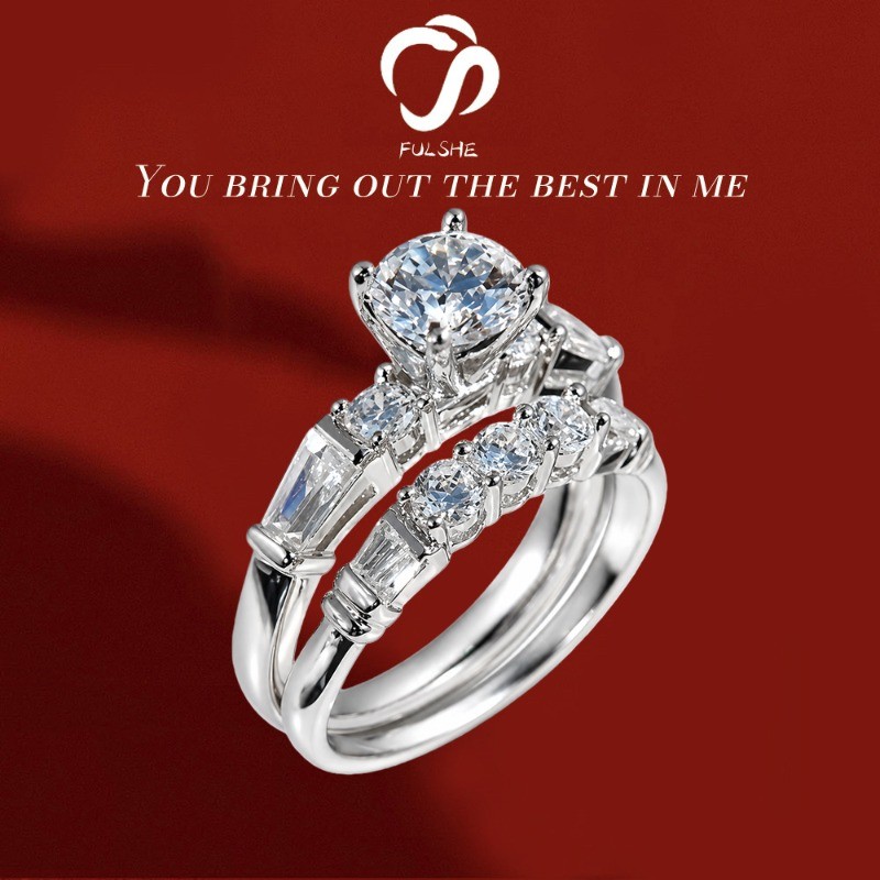 FULSHE Cincin Wanita Platinum Emas Bertumpuk Berlian Asli Cincin Pernikahan