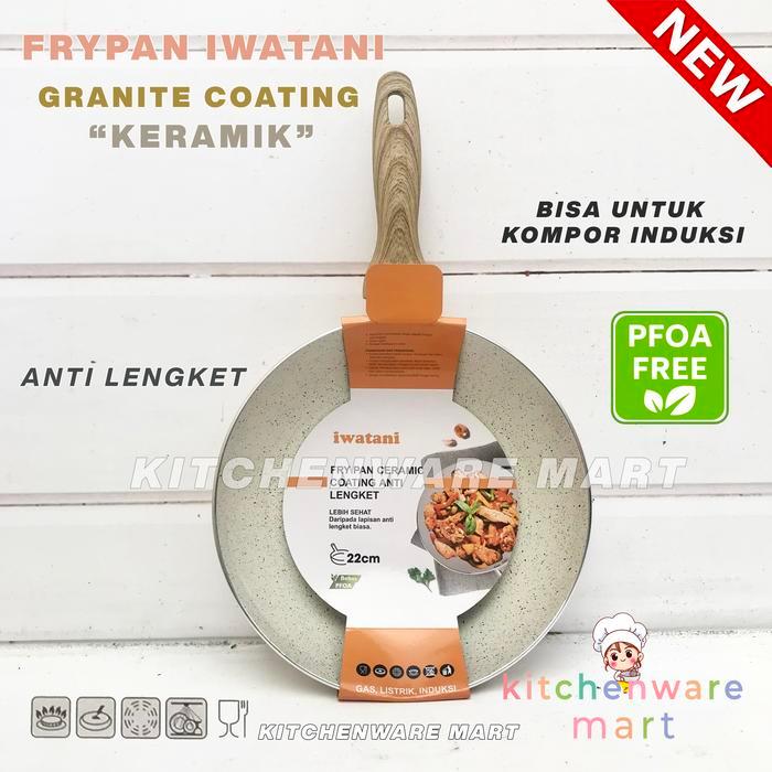 Frypan Granite Iwatani Keramik Fry pan marble Stone Pfoa Free - Gagang Motif Kayu Soft Touch Handle 