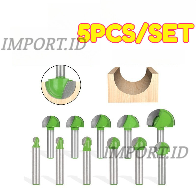 5PCS Mata Bor Profil Kayu Round Bit Mata Router Setengah Lingkaran Shank