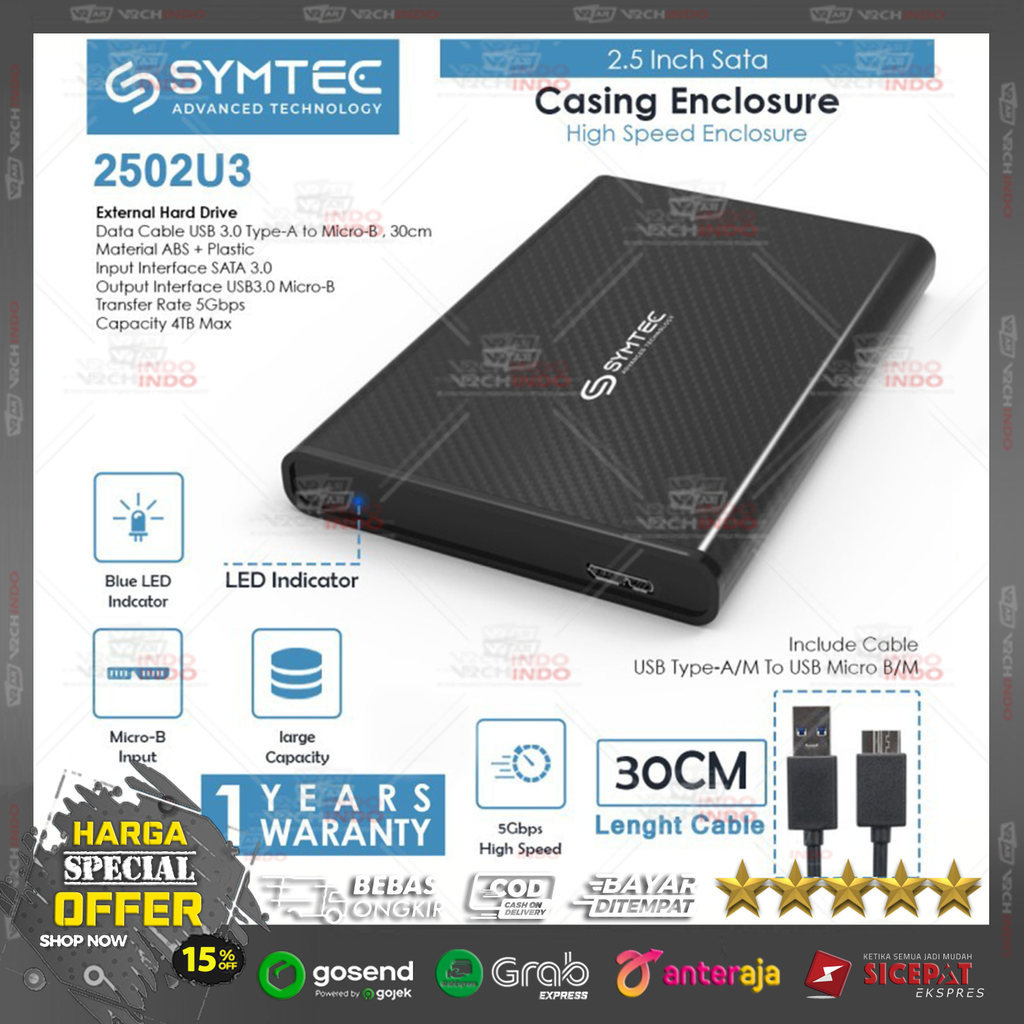 Casing HDD SSD SYMTEC 2.5 Inch SATA - Enclosure External USB 3.0 Anti Panas 