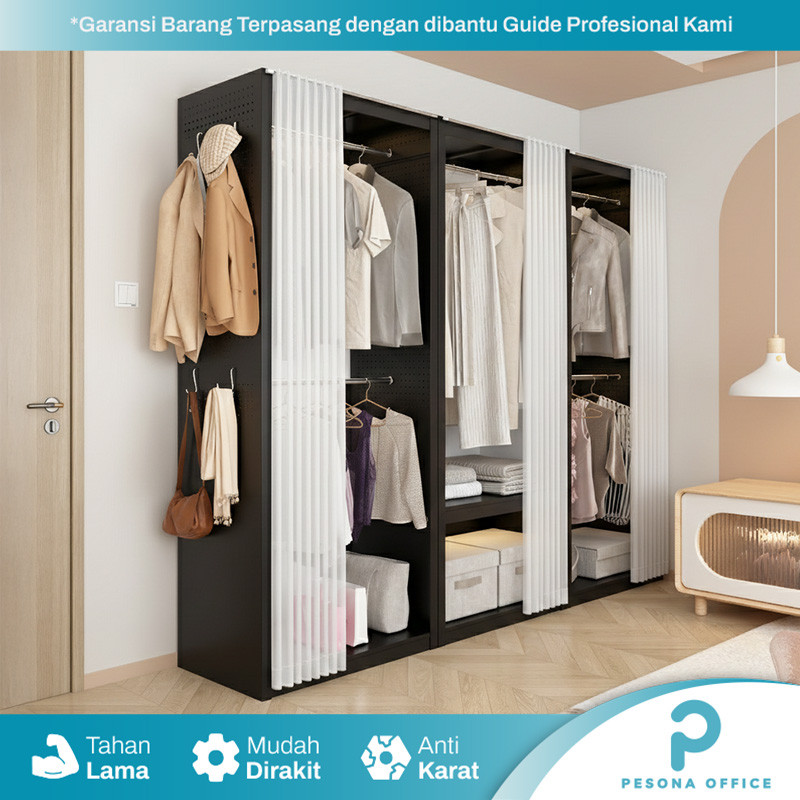 Lemari Pakaian Besi Hanger Lemari Baju Tirai Gorden Geser Storage Rack Wardrobe Lemari Baju Besi
