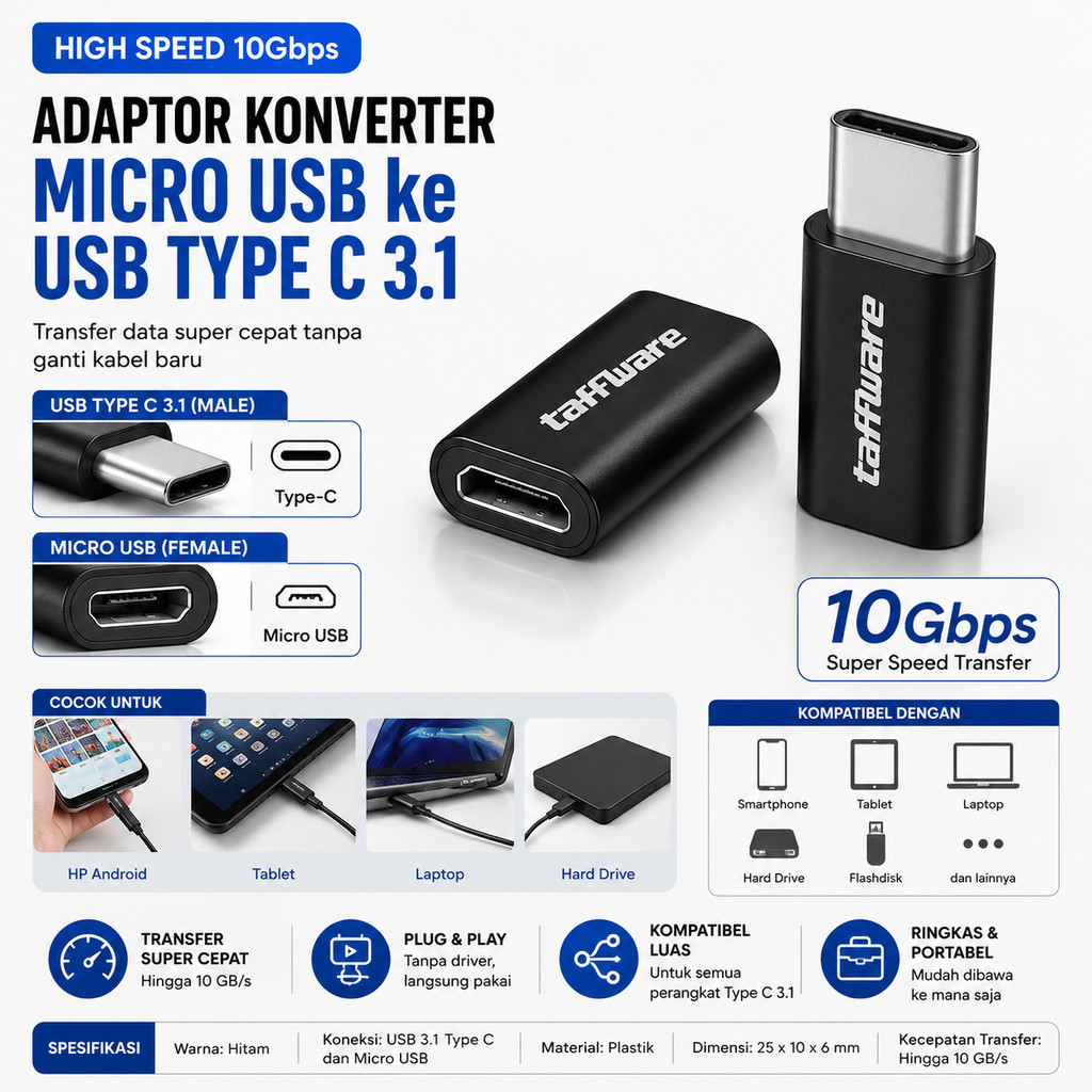 Adaptor Konverter Micro USB Ke USB Type C 3.1 Data Transfer 10Gbps Male To Female Converter Hp Andro