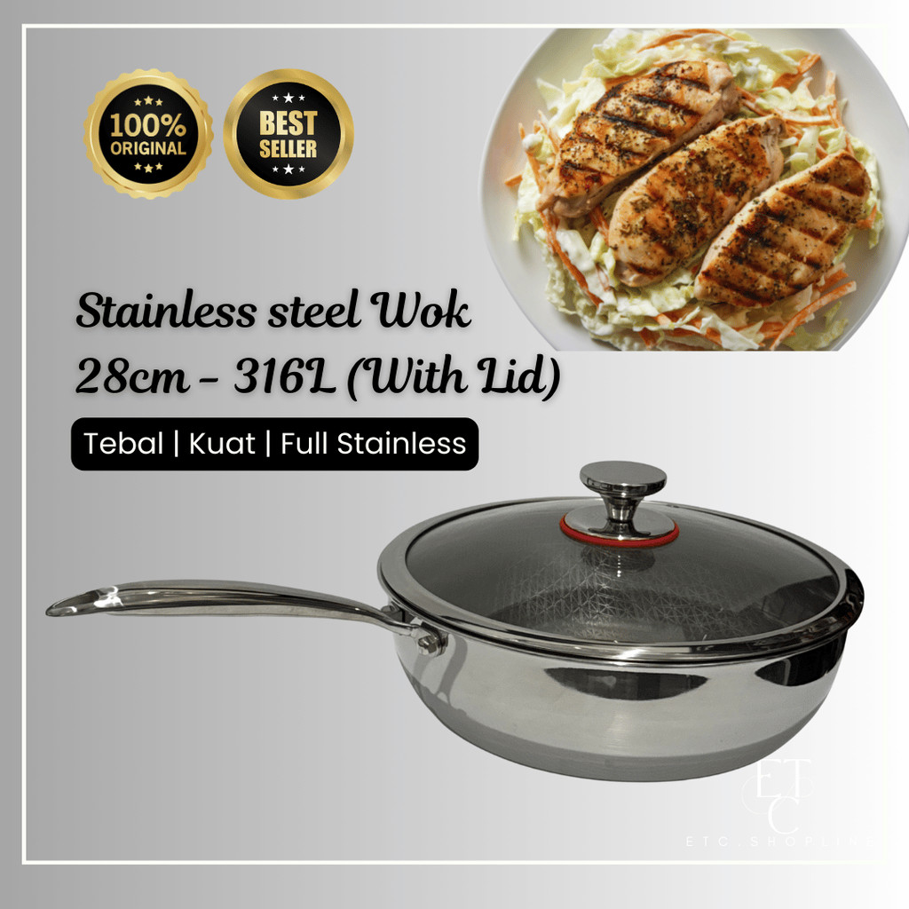 Wok 28cm Thick Stainless 316L with Lid | Panci Masak Goreng Stainless Steel Tebal Gagang Panjang