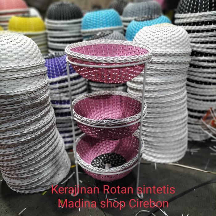 Rak bumbu /Rak bawang Rotan sintetis susun 3 - Pink baby