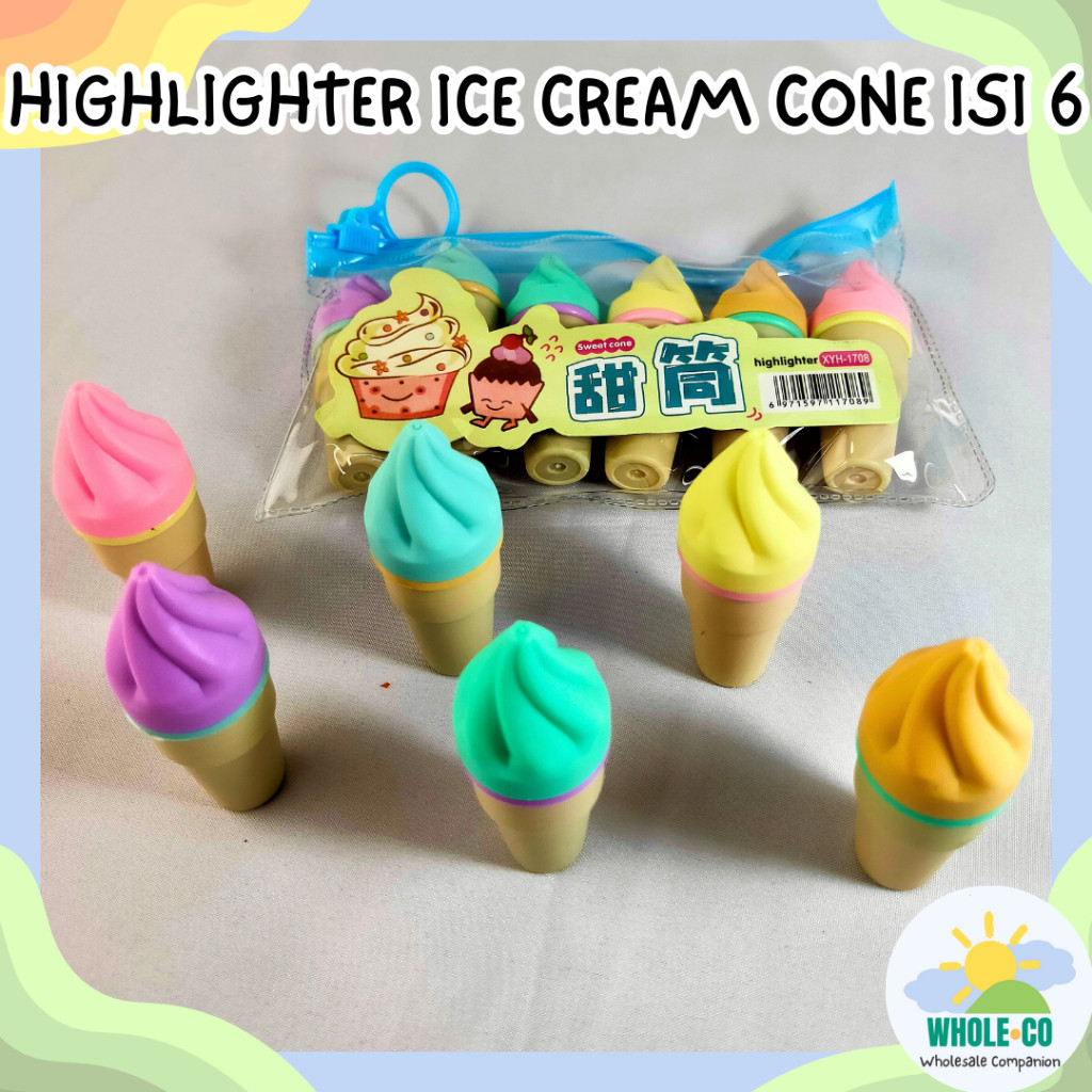 TERLARIS Highlighter Ice Cream Cone 1 Set isi 6 Pcs Colorful Es Krim Lucu, Unik, Imut Termurah Grosi