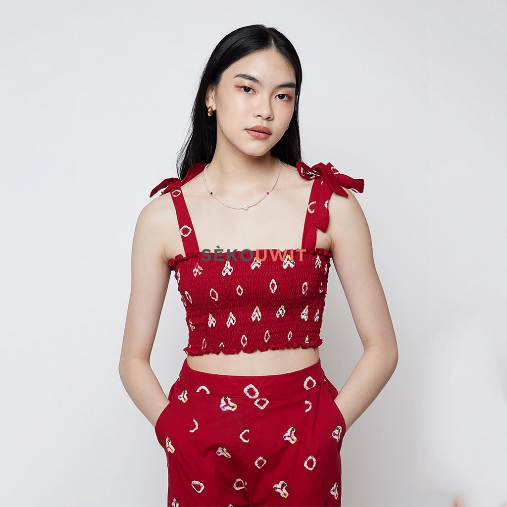 Celana Batik Jumputan Wanita Hibiscus Batik Jumputan Set Pants And Top In Red Sekouwit - Red / Setel