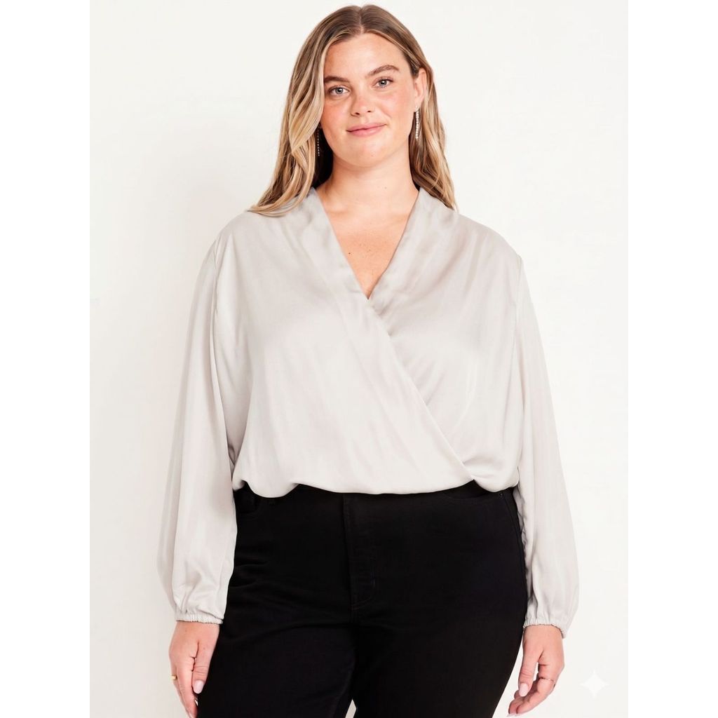 Blouse Lengan Panjang Wanita OLN Wrap-Front Satin Blouse - 2365