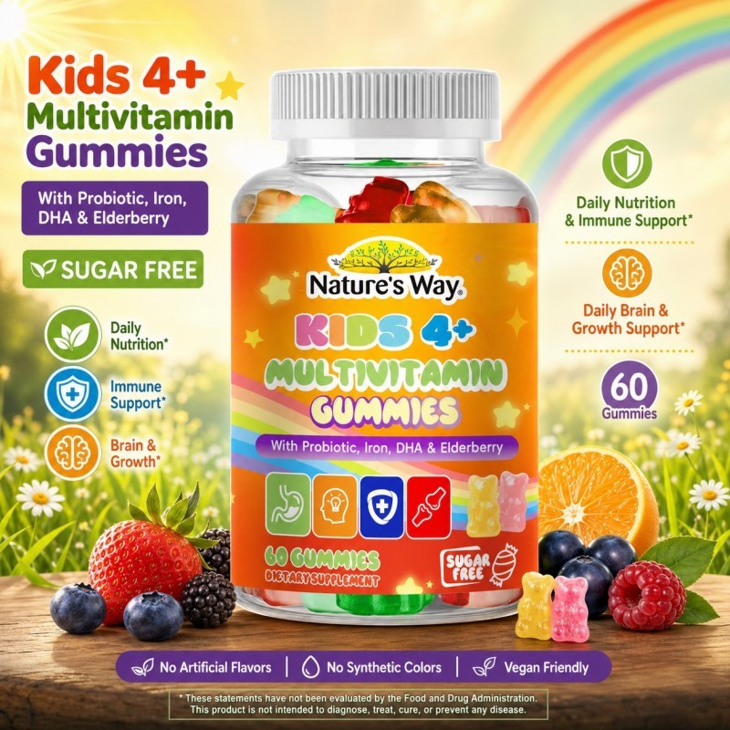 Nature’s Way Kids 4+ Multivitamin Gummies 60pcs | Probiotic Iron DHA Elderberry Sugar Free