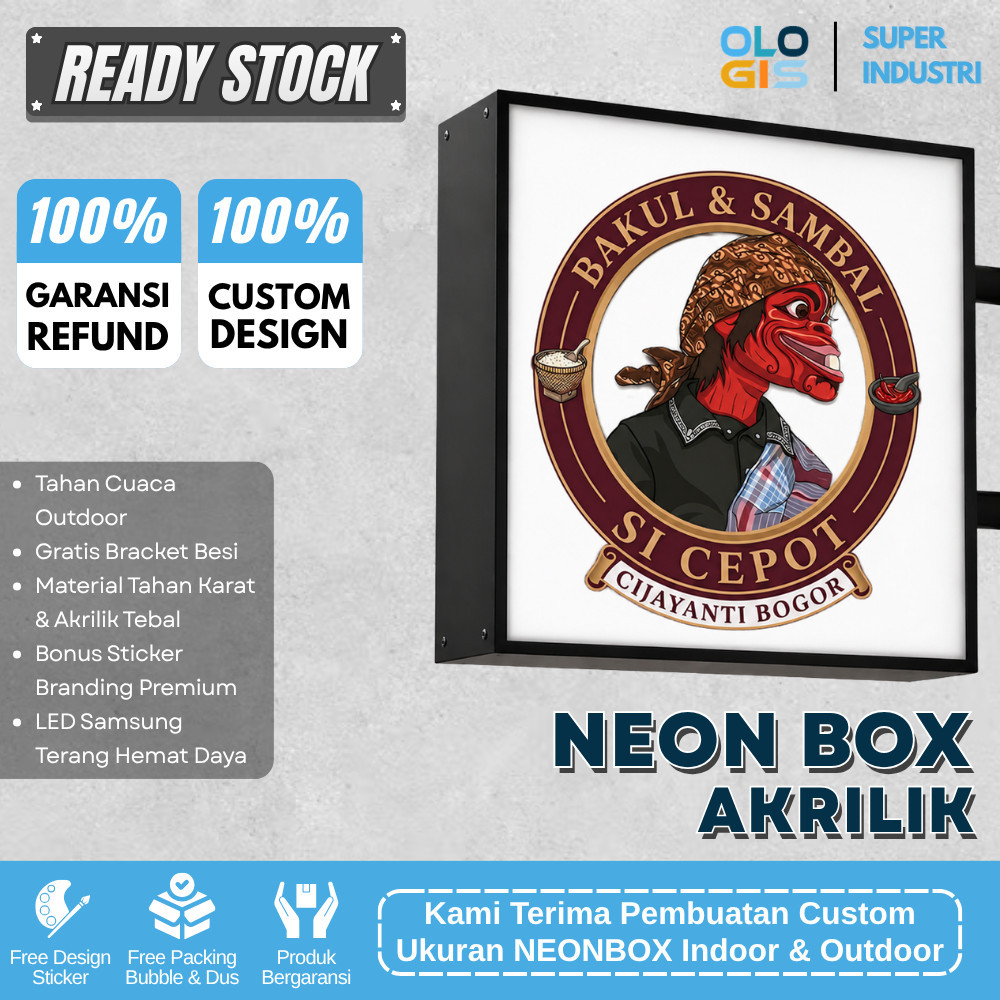 (CUSTOM) Neon Box Akrilik Kotak Besar 80 90 100 Cm 2 Muka Reklame Plang Nama Toko LED Custom Logo