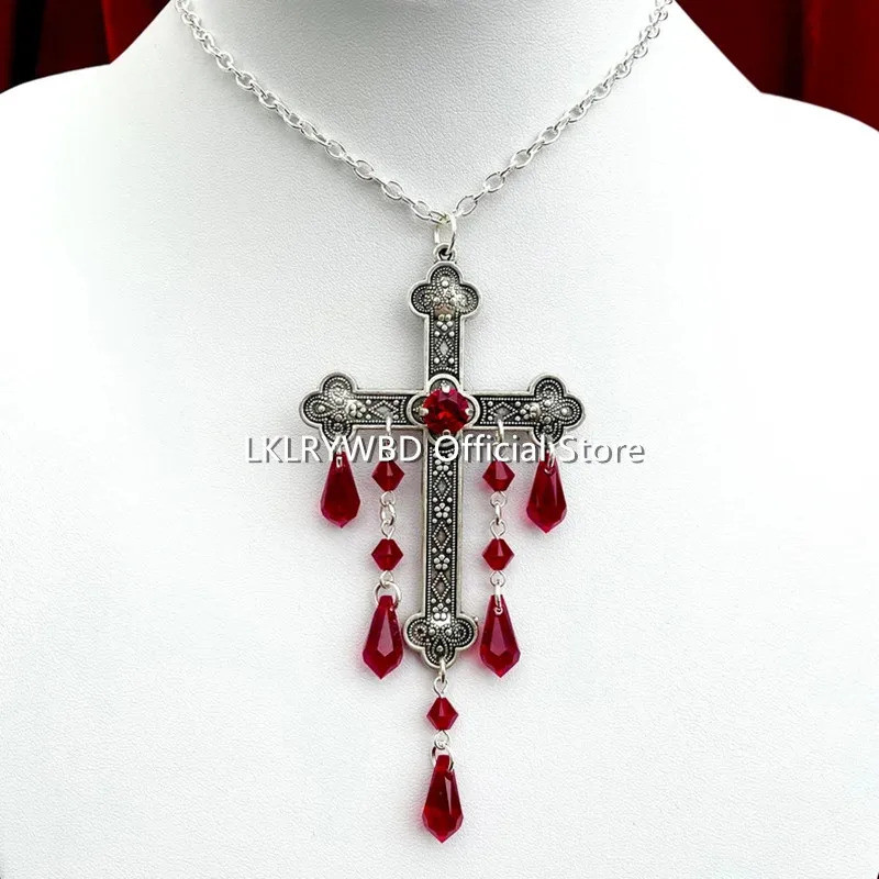 Kalung Salib Besar, Kalung Vampir Goth, Salib Gotik, Salib dengan Tetesan Merah, Kalung Tetesan Dara