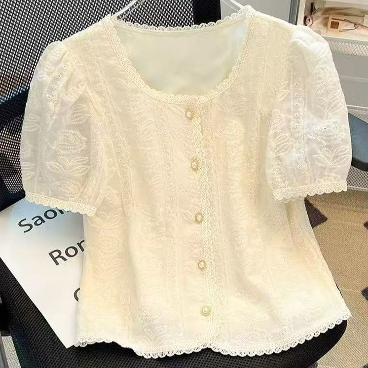 Atasan renda lengan puff bergaya Prancis berkualitas tinggi    Kemeja sifon, lengan pendek, blus uku