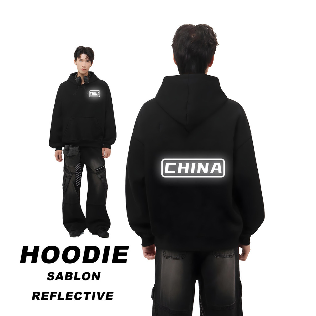 Hoodie Hitam Logo China Reflektif Premium