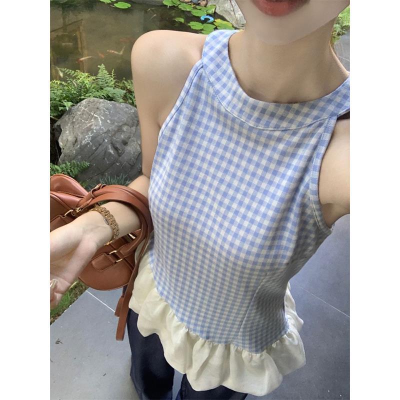 Aroana Atasan wanita Mesh splicing biru kotak-kotak leher sling rompi wanita tanpa lengan atas di an