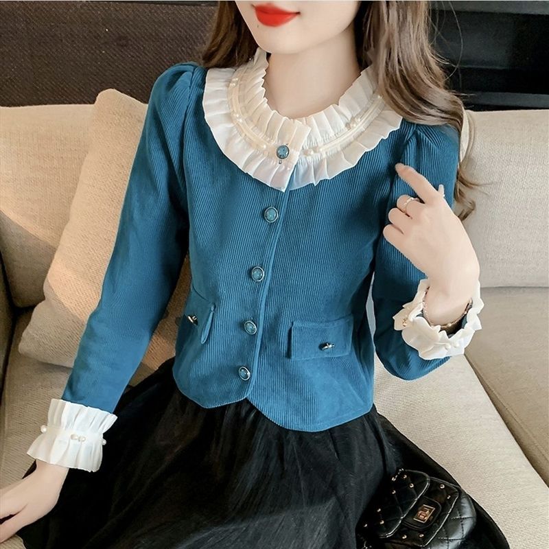 Kemeja cardigan lengan panjang berkerah renda elegan bergaya Prancis baru untuk wanita