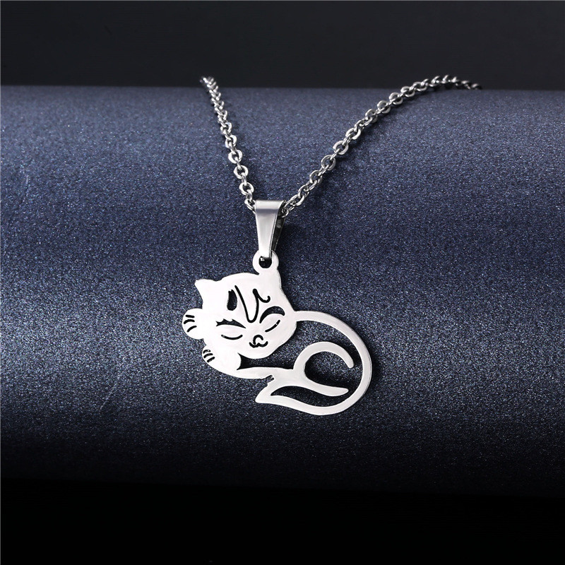 Kalung kucing baru betina, liontin kucing lucu stainless steel, aksesoris kalung tulang selangka gro