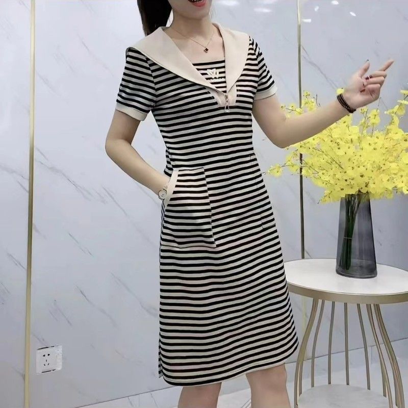 Gaun lengan pendek kerah navy resleting garis kombinasi dua lapis baru musim panas, model ibu dewasa