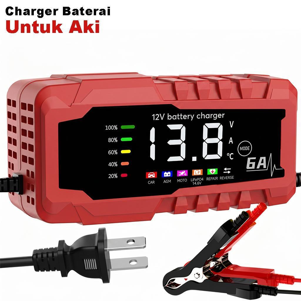 Charger Aki Mobil Motor 12V 6A Charger Aki Portable Layar Digital Cas Aki 12V4AH-100AH XJB1206-06