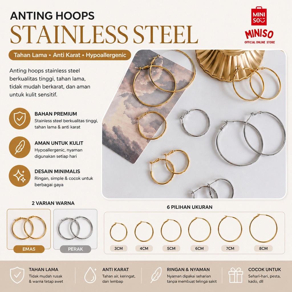 MINISO BALI | Anting Hoops Stainless Steel Anti Karat Anti Luntur Anting Bulat Anting Giwang Model H