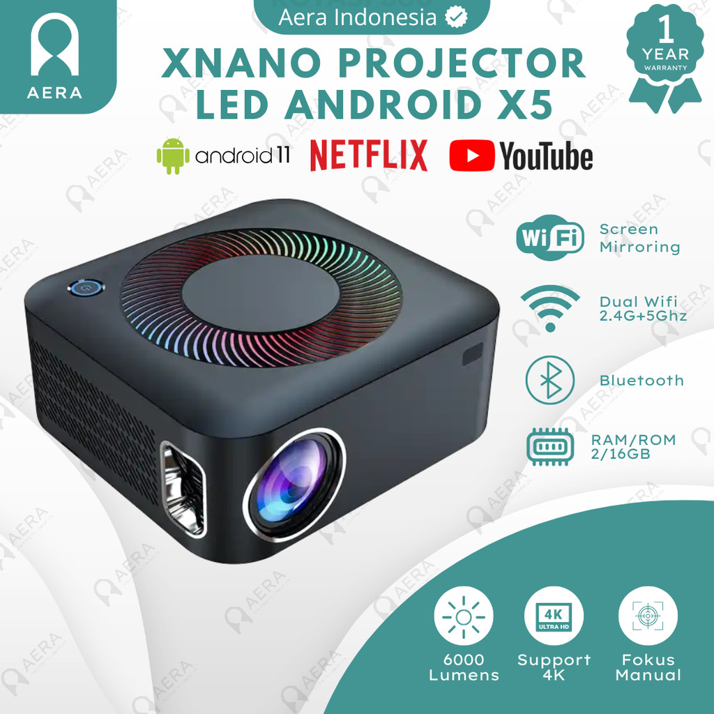 Proyektor Android Xnano X5 6000 Lumens Full HD 1080P 4K Proyektor Portable Android Bluetooth Mirrori