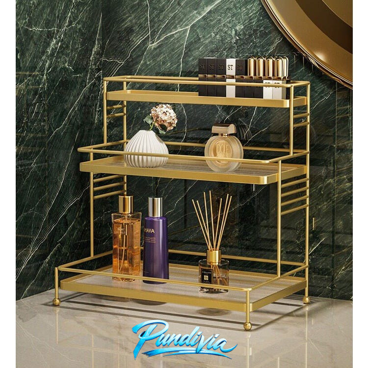 PUNDIVIA Rak Kosmetik 2 Tingkat / Tempat Kosmetik / Rak Kosmetik Gold / Rak Wastafel