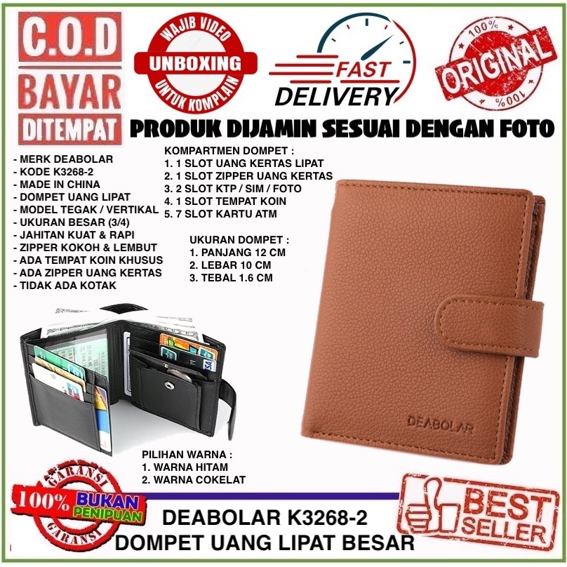 Deabolar Bifold Unisex Wallet K3268-2 Dompet Uang 3 Lipat Tebal Pria Wanita Ukuran 3/4 Bahan Sinteti