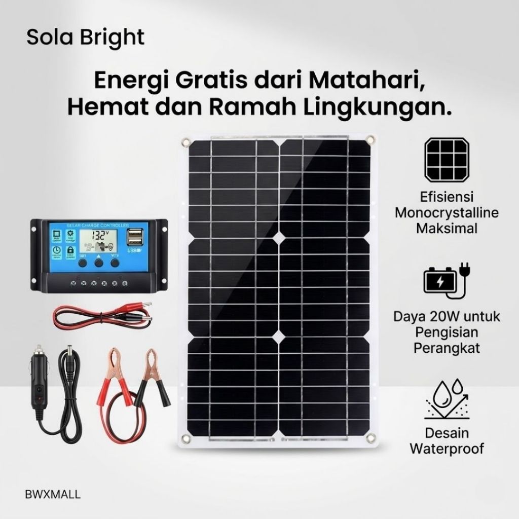Sola Bright Panel Surya 20W 18V Monocrystalline Solar Panel Flexible Charger Aki Mobil 12V 24V Listr