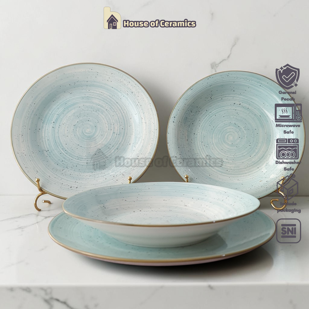 FORMIA Piring Mangkok Keramik Nara Mint Cantik Aesthetic Bermotif Simple