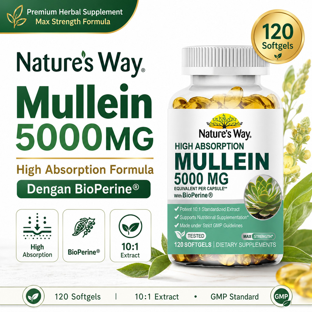 Suplemen Herbal Mullein 5000mg 120 Softgel Ekstrak Daun Mullein dengan BioPerine