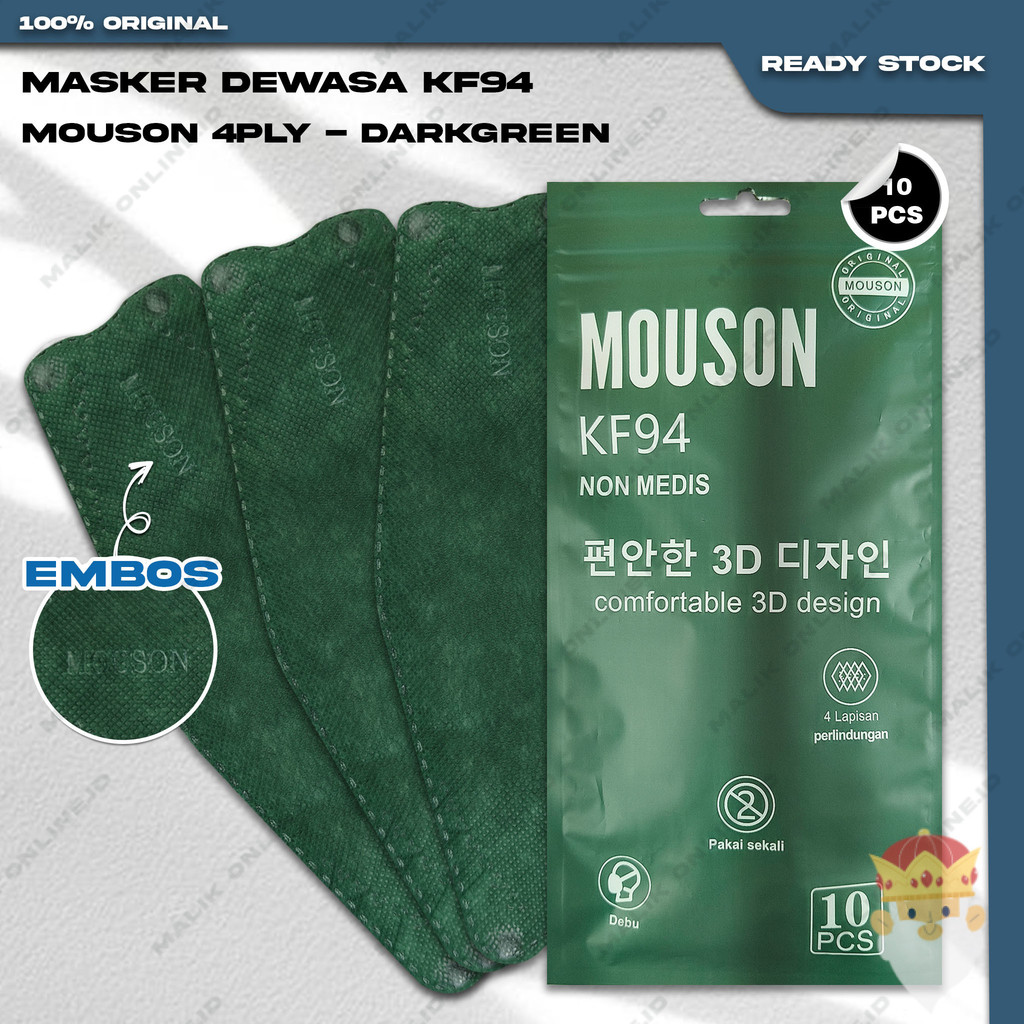 Masker KF94 MOUSON 4Ply Isi 10Pcs Warna Dark Green Hijau Tua Earloop KF94 4 Ply Surgical Mask