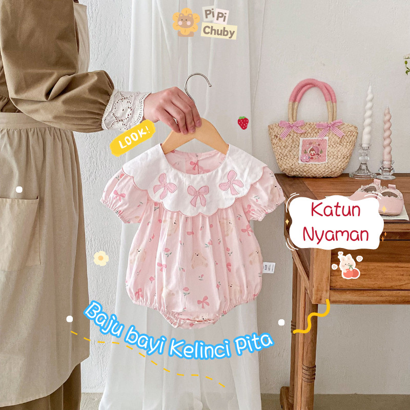 PIPI CHUBY- Baju Bayi | Jumper Anak Perempuan | Romper Bayi Katun Motif Kelinci & Pita