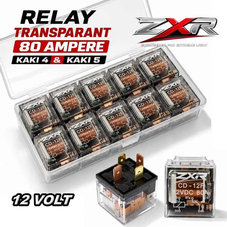 PAKET ISI 10 PCS ZXR | RELAY KAKI 4 KAKI 5 TRANSPARANT 12 V 80 AMPERE PREMIUM QUALITY ZXR