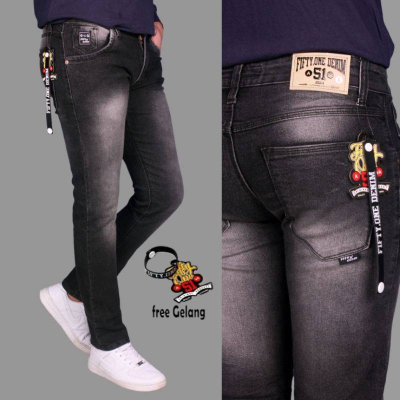 FIFTYONE51 TERLARIS Celana Pria Jeans Panjang SLIMFIT Calana warna Black jazz Scrup Clor Hitam Polos