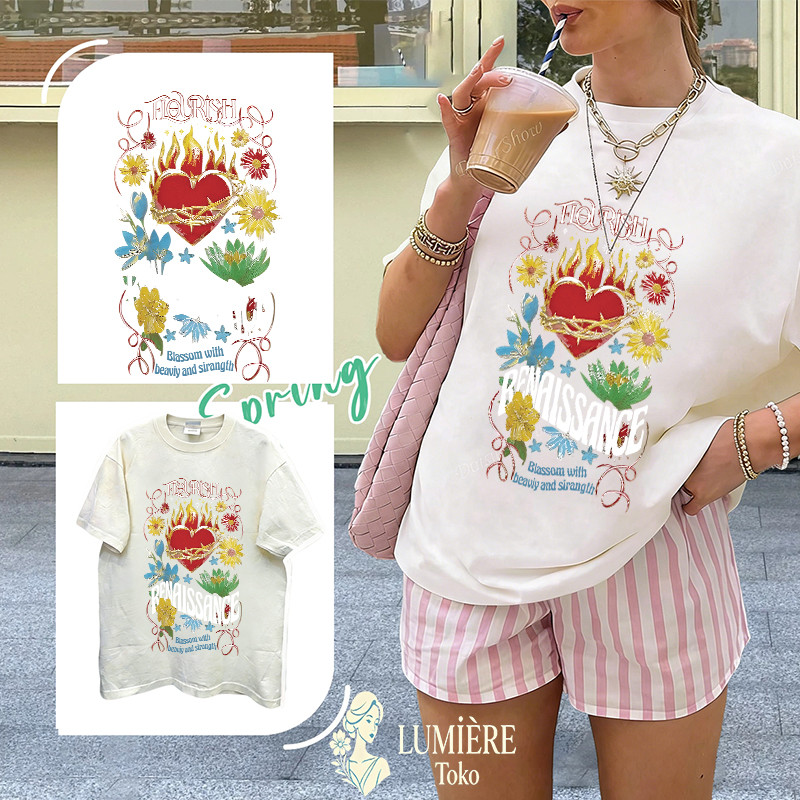 Kaos Wanita Oversize Motif Hati Api & Bunga Renaissance Bahan Katun Premium