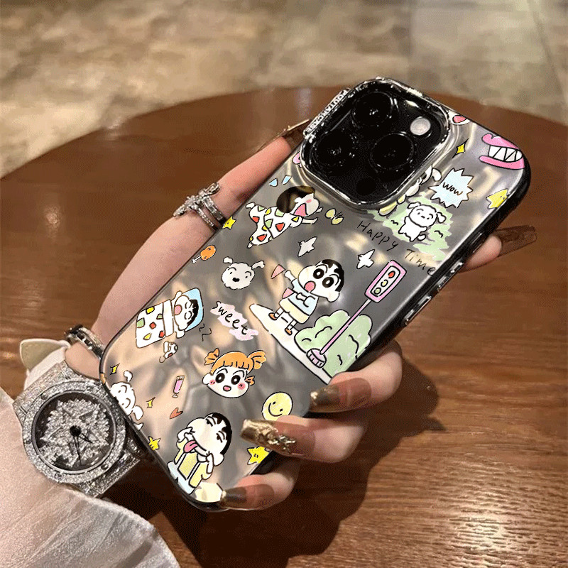 Casing Bergelombang Metal Lens Crayon Shinchan Kartun  untuk iPhone 11 12  13 14 15 Plus XS Iphone X