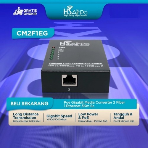 HSAIRPO CM2F1EG POE GIGABIT MEDIA CONVERTER 2 FIBER 1 ETHERNET 3KM SC