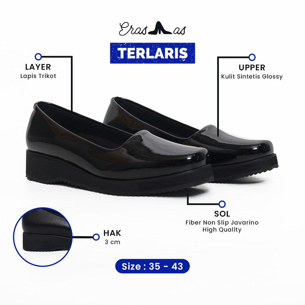 ERASMAS B3 Sepatu Pantofel Wanita 1cm Hitam Sepatu Formal Kantor Ringan Nyaman