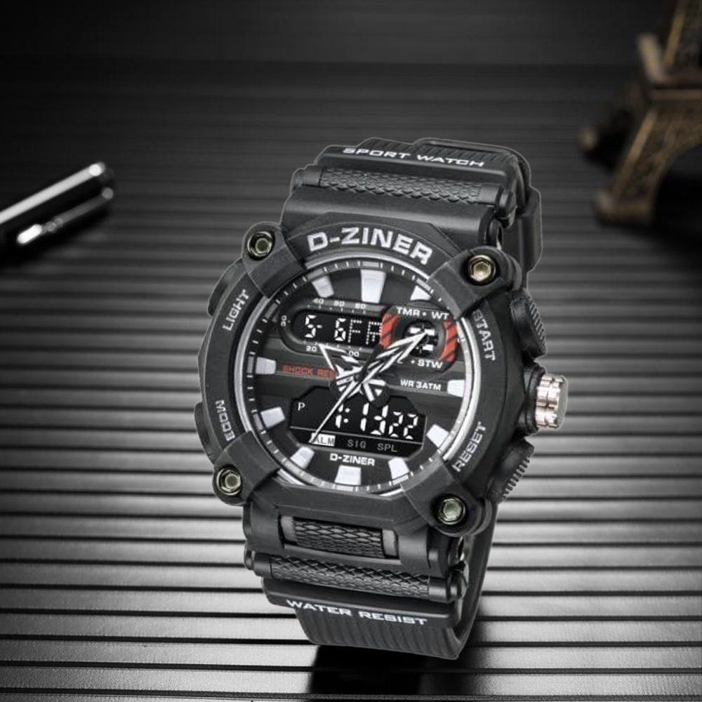 Dziner Jam Tangan Pria Dziner 8299 Rubber Double Time Water Resistant 3 ATM Kaca Stainless