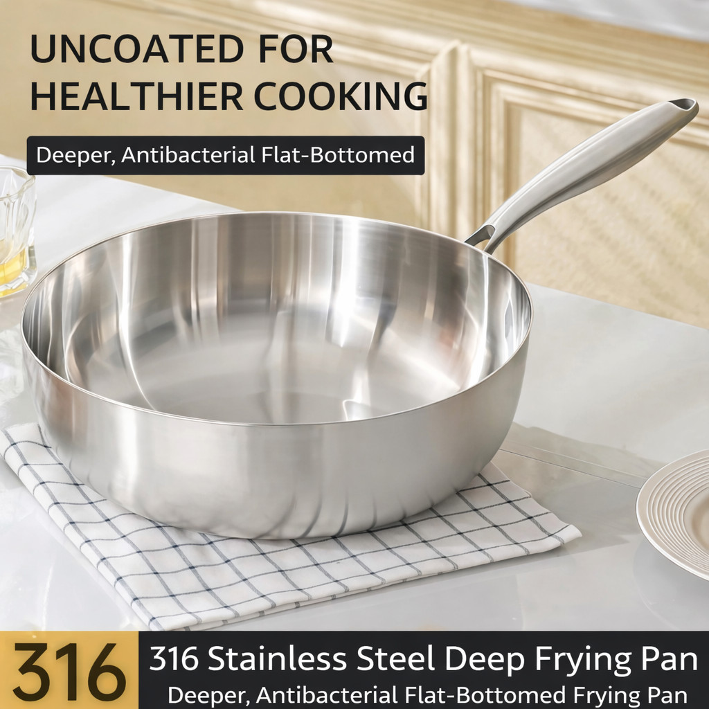 Wok 32cm Thick Stainless 316L with Lid | Panci Masak Stainless Steel Tebal Gagang Panjang