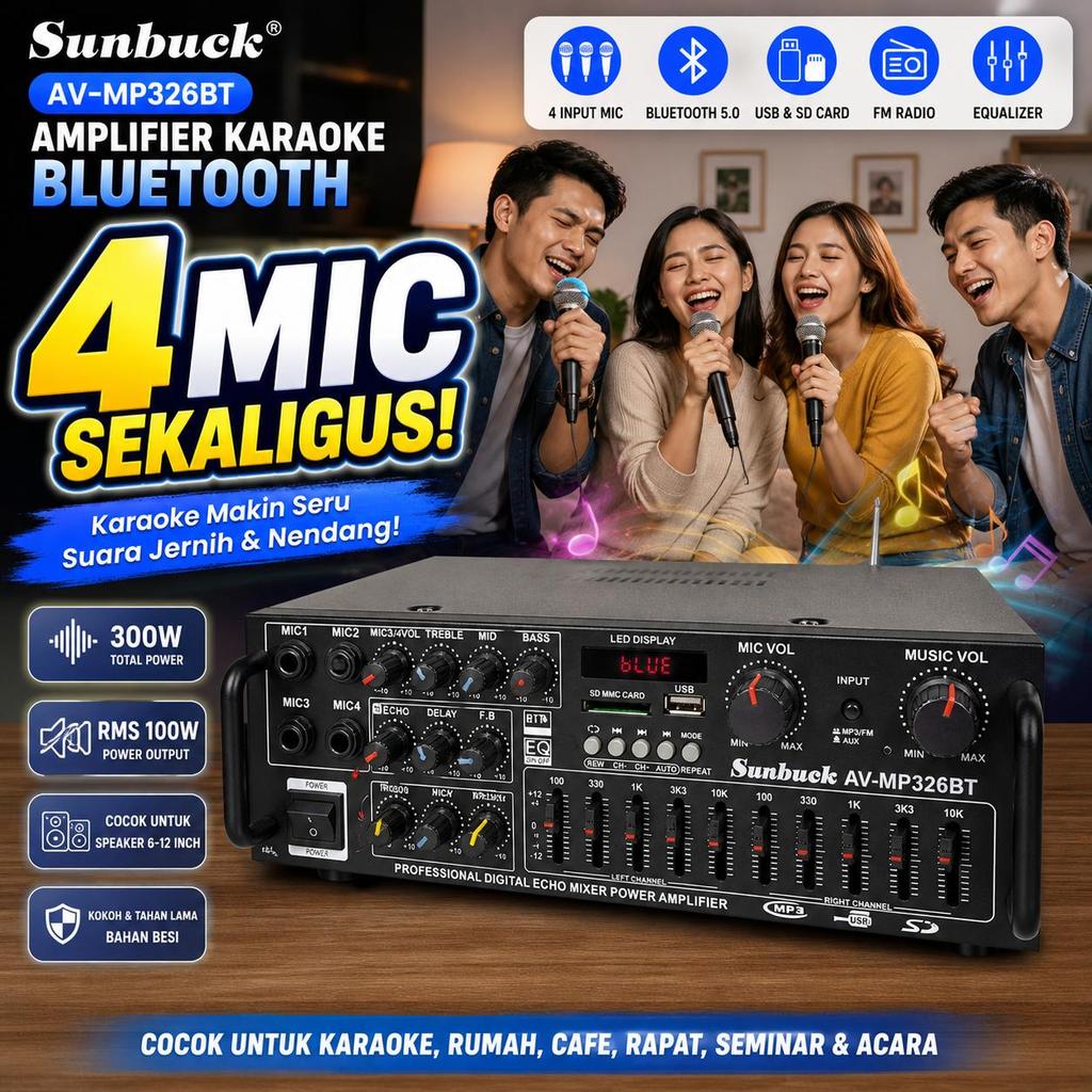 Sunbuck Amplifier Karaoke Bluetooth 4 Input Mic Equalizer USB SD FM AV-MP326BT