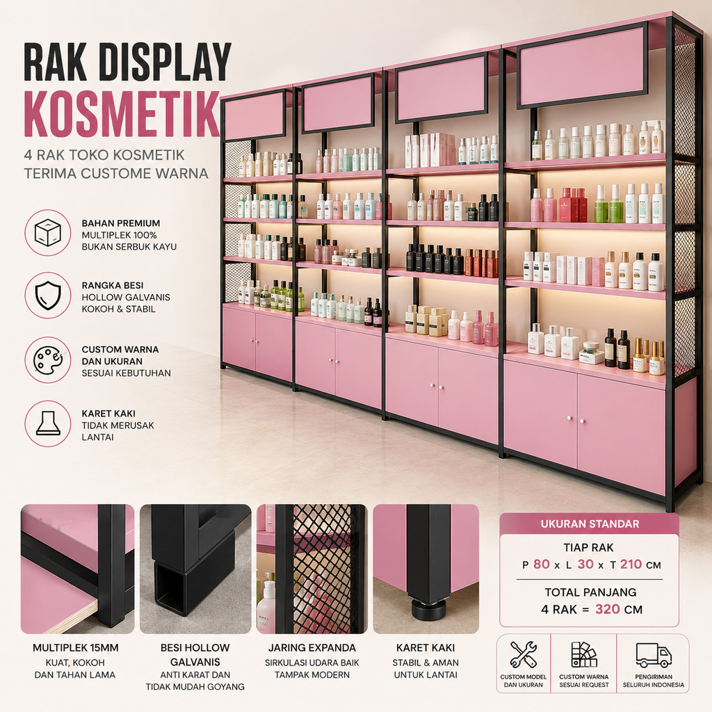 Rak Display Kosmetik 4 Rak Toko Kosmetik I Rak Display Toko Retail I Terima Custome Warna