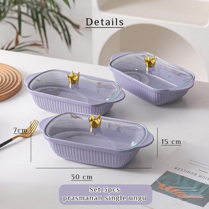 HCSTORE [ SET ISI 3 ] Prasmanan Keramik Tutup Kaca Crown Tempat lauk keramik piring saji piring lauk