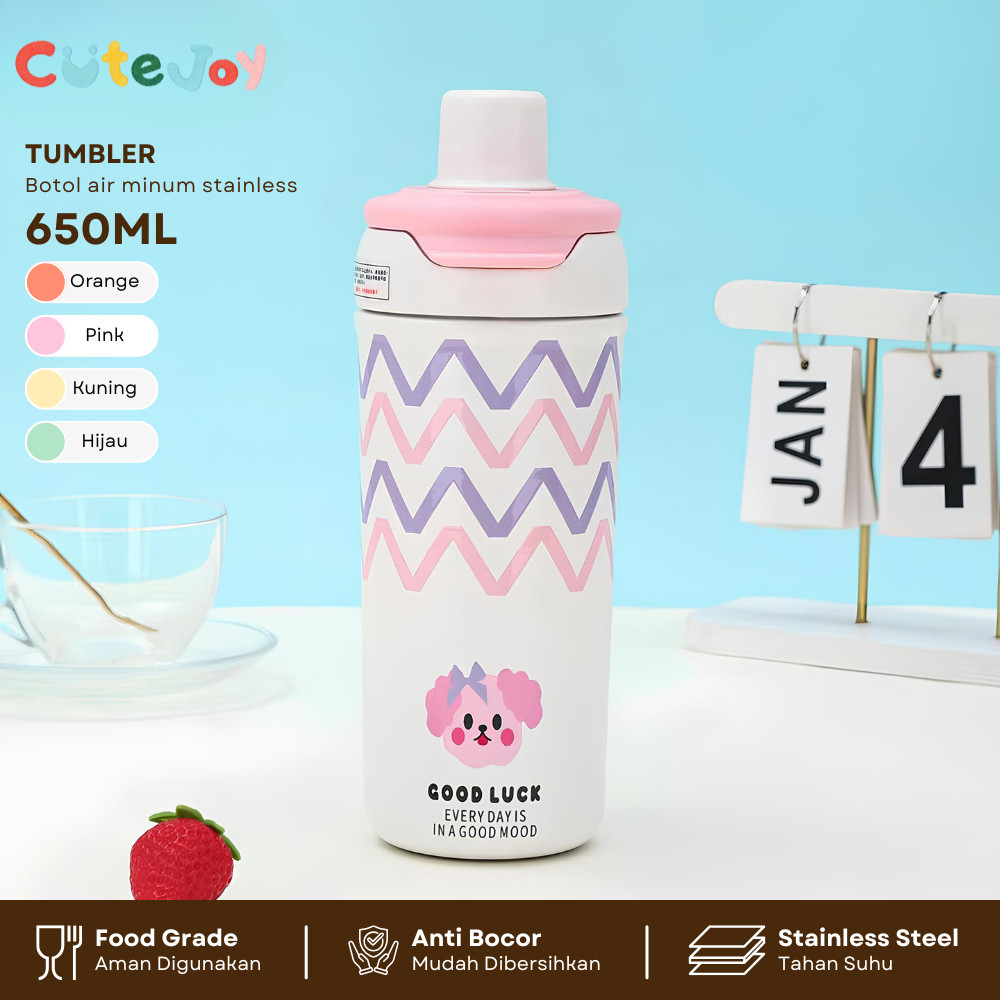 CUTE JOY Tumbler Botol Minum Aesthetic Lucu 650ML Anti Tumpah dan Tahan Dingin Stainless Steel 316 -