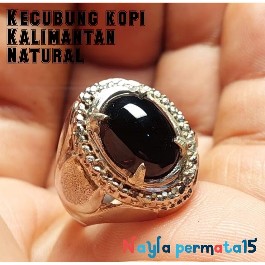 Cincin batu akik kecubung kopi kalimantan hitam senter coklat / batu kristal hitam quartz akik