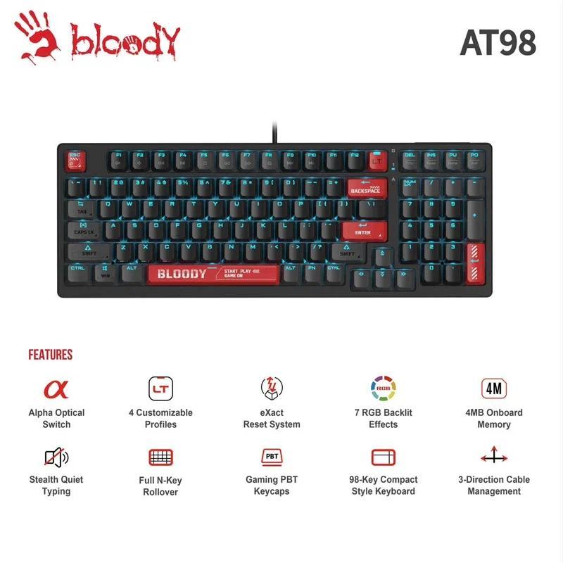 Bloody AT98 Wired Gaming Keyboard Alpha Optical Switch 4 Custom Profiles 4MB Onboard Memory 98 Keys 