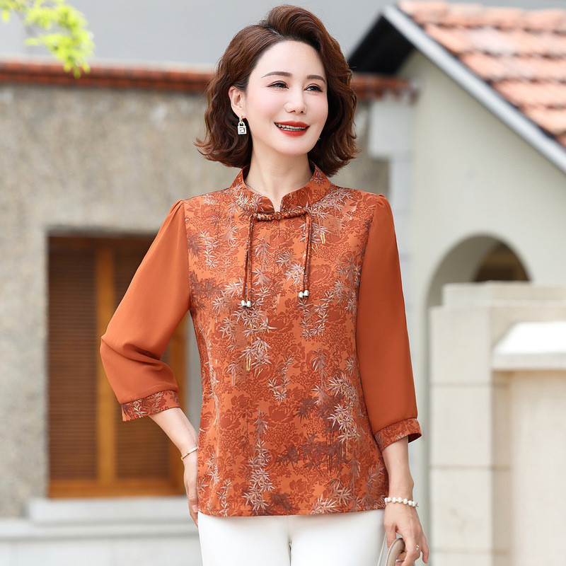Fashion Cina Style Summer Chiffon S-Shirt Top 2025 Gaya Baru Ibu Summer Dress Tujuh Titik Fashion Ba